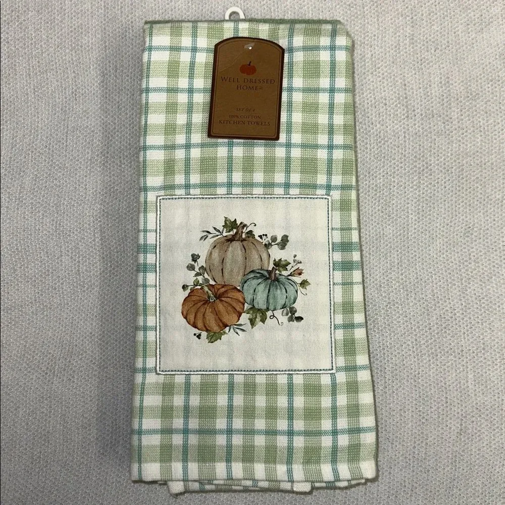 WDH White Blue Green Cotton Fall Harvest Pumpkin Kitchen Towels